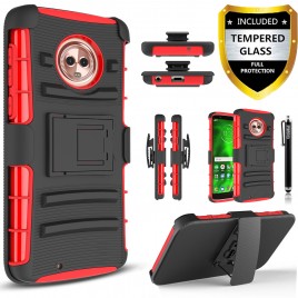 Moto G6  Plus Case, Circlemalls Dual Layers [Combo Holster] And Built-In Kickstand Bundled With [Tempered Glass Screen Protector] And Touch Screen Pen (Red)